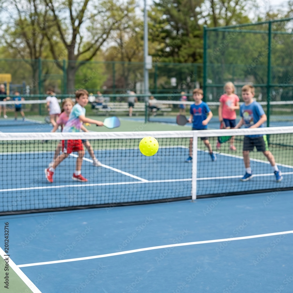 Obraz premium A bright yellow pickleball flying over a net on a dedicated outdoor pickleball court, with children playing in the blurred background, highlighting youthful recreation 1:1 ratio...