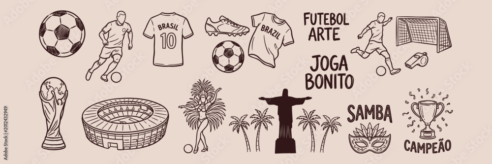 Fototapeta premium Brazil Soccer Samba Hand Drawn Doodle Set