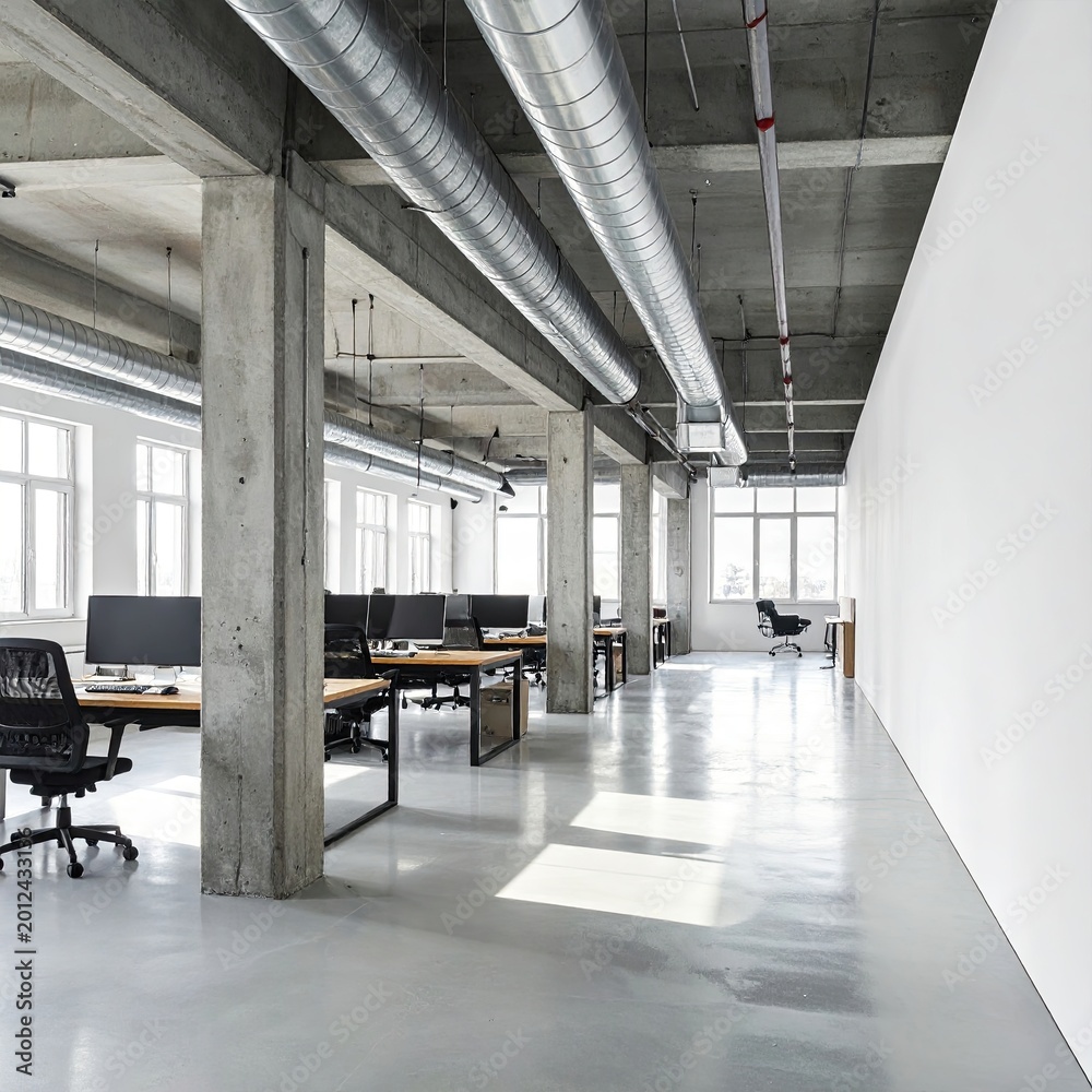 Fototapeta premium Open-plan office with concrete columns, industrial ducts, and workstations