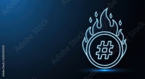Glowing Neon Hashtag Symbol on Fire with Digital Wireframe Outline on Dark Blue Gradient Background