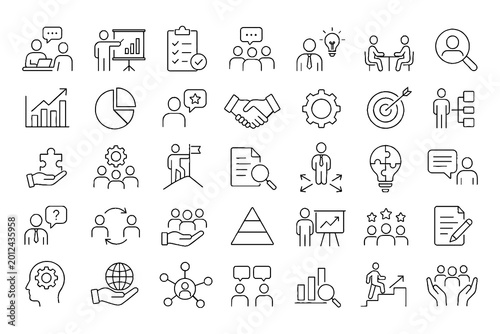 Teamwork and Collaboration Line Icon Set with Groups, Meetings, and Leadership Symbols
