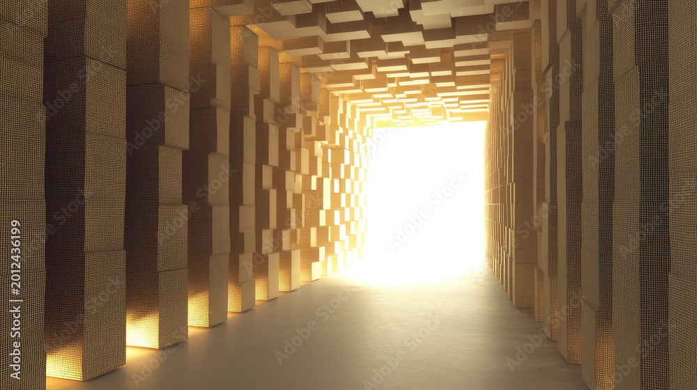 Fototapeta premium Geometric tunnel featuring textured block walls and ceiling, converging towards a distant, brilliant light, symbolizing hope, opportunity, and the journey ahead