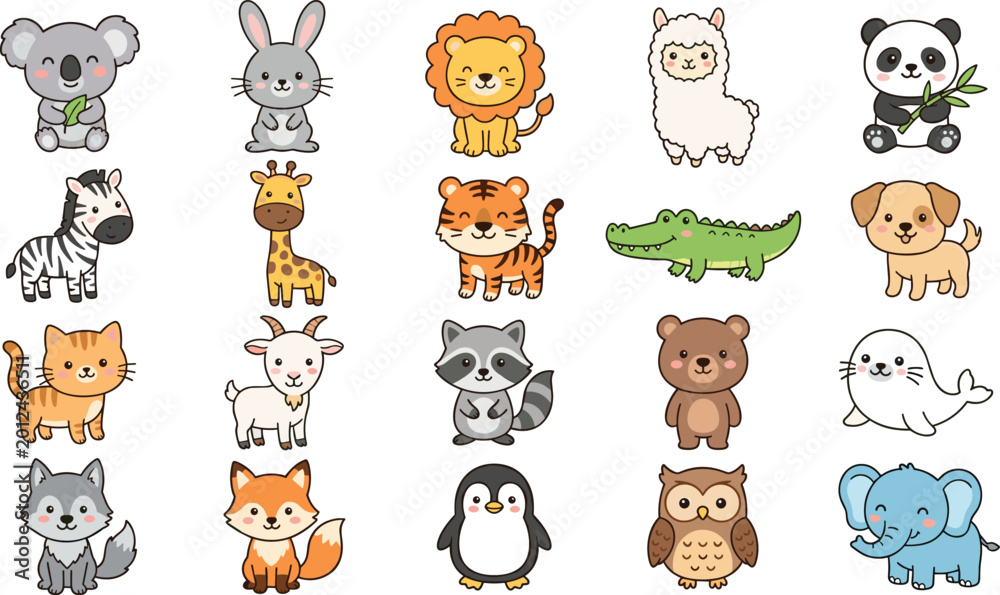 Fototapeta premium Mega Collection of Twenty Cute Kawaii Animal Icons Including Lion, Panda, Koala, and Elephant for Children’s Educational Stickers, Nursery Decor, Apps, and DIY Stationery Projects.