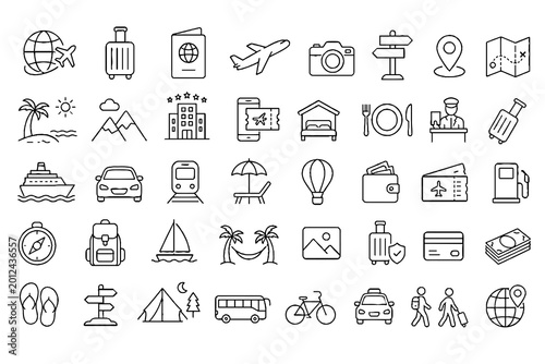 Travel and Leisure Line Icon Set with Vacation, Transportation, and Adventure Symbols