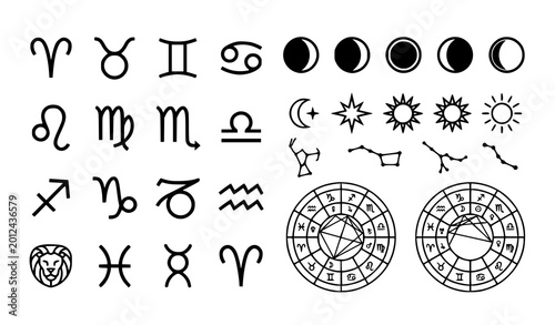 Bild auf Leinwand Zodiac horoscope icon set black and white astrology vector collection