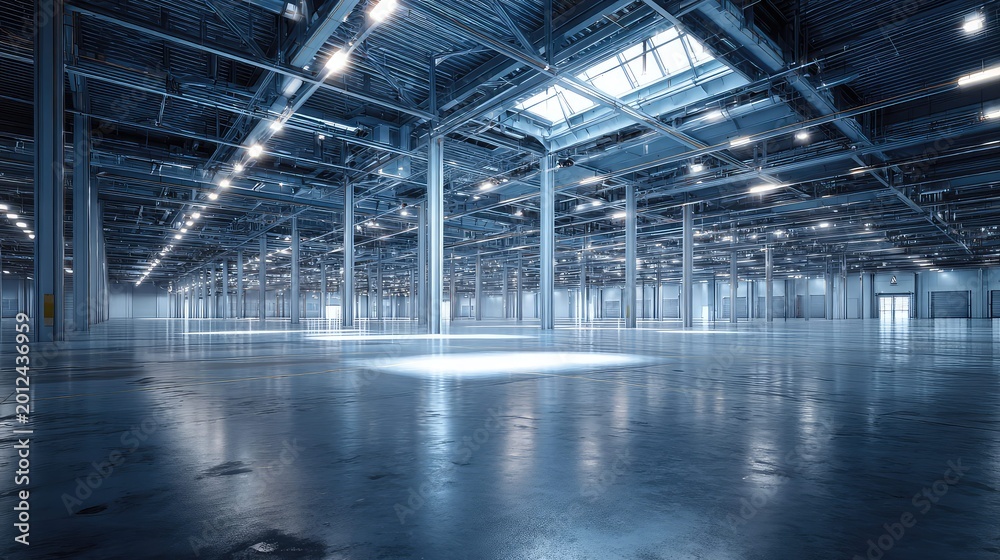 Fototapeta premium Empty industrial warehouse or logistics center interior featuring high ceilings, numerous structural columns, strip lighting, skylights, and a clean concrete floor, ready for business operations