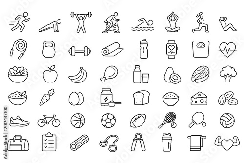Quadro su tela Fitness and Healthy Lifestyle Line Icons Set with Sports Equipment Exercise and
