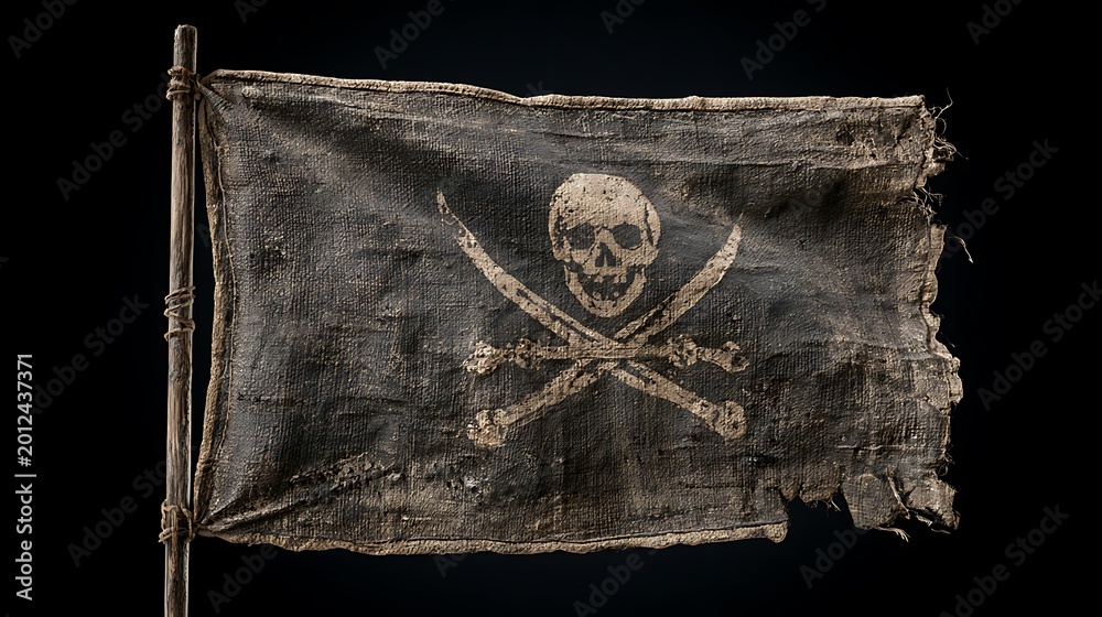 Naklejka premium Aged weathered pirate flag with skull and crossed swords