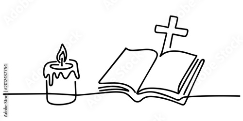 Tableau sur toile Continuous one line drawing silhouette of Bible and candle