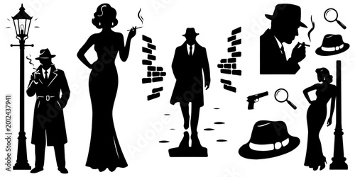 Quadro su tela Film noir silhouette set: detectives, femme fatale and mystery elements