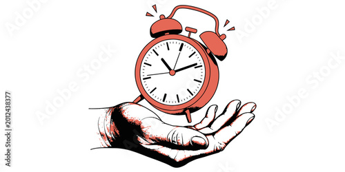 Photos Halftone hand holding alarm clock in vintage collage style