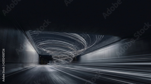 Futuristic Swirl Tunnel with Streaks of Light Leading to a Destination