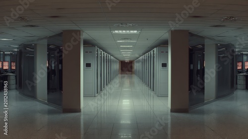 Server room corridor extends into the distance, lined with racks of computing equipment, showcasing advanced data center infrastructure and connecting networks