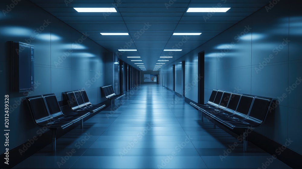 Fototapeta premium Empty silent hallway featuring rows of black waiting benches under cool blue overhead lighting, creating a futuristic and isolated atmosphere in a modern public interior