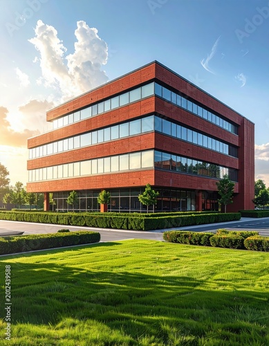 Modern brick office building with expansive glass windows, surrounded by lush green lawns and trees