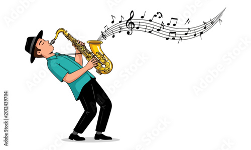 Photos Man Playing Saxophone with Floating Music Notes Illustration