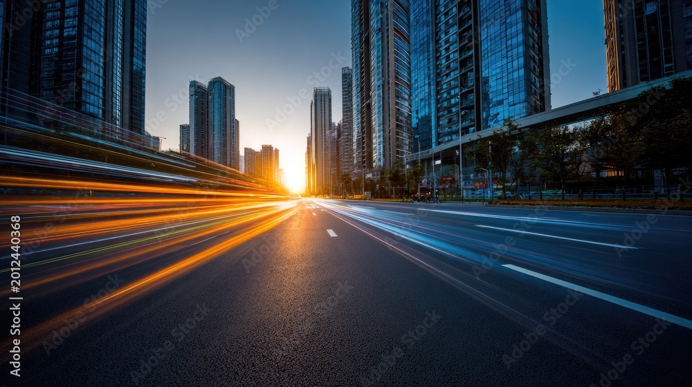 Fototapeta premium Streaking lights on a road at sunset with tall buildings