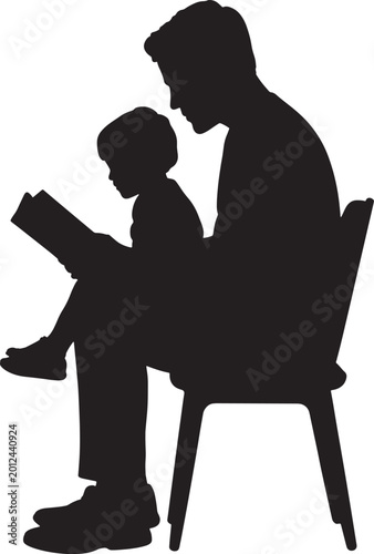Father reading book with child silhouette isolated on white background