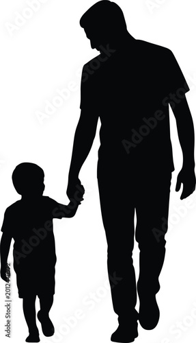 Father walking with child hand in hand silhouette illustration