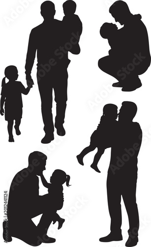 Collection of father and child silhouettes isolated on white background