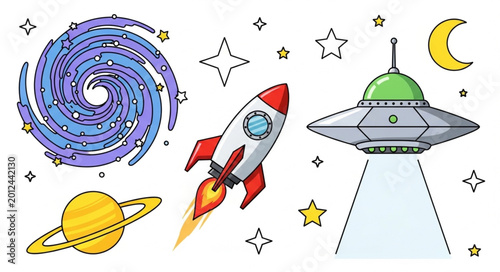 Colorful Cartoon Rocket Ship Blasting.