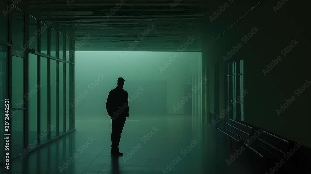 Fototapeta premium Solitary man stands in a long, dark green hallway filled with dense fog, evoking feelings of mystery, contemplation, and liminal space, creating a surreal and eerie atmosphere
