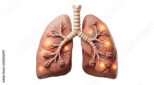 An anatomical representation of lungs. A detailed, isolated view showcases the respiratory system, highlighting its intricate structures and functions.