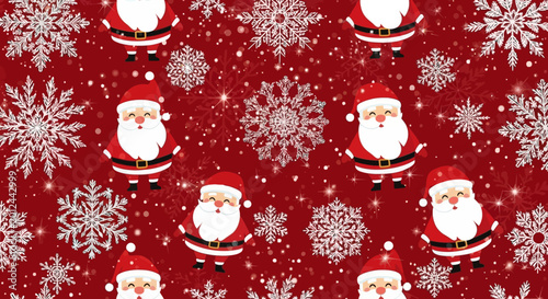Merry Christmas Pattern: Santa Claus Characters and Snowflakes on Red