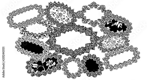 Scattered Ornamental Oval Frames with Floral and Leafy Fillings in Black and White