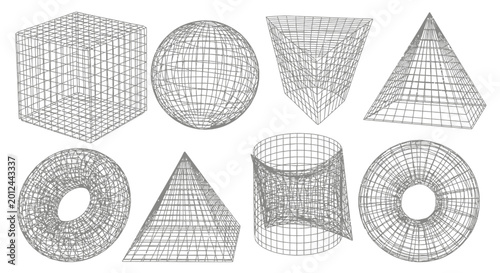 Wireframe 3D Geometric Shapes Set - Cube Sphere Cone Pyramid Torus