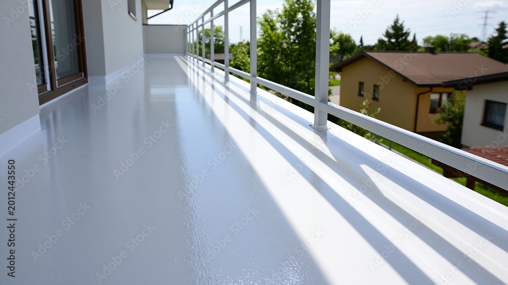 Fototapeta premium Ein breiter, weißer Balkon mit glänzendem Epoxidharzboden und Geländer an einem Wohngebäude.