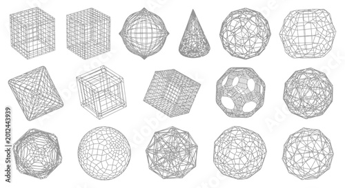 Wireframe Geometric Shapes Collection, 3D Rendered Abstract Forms