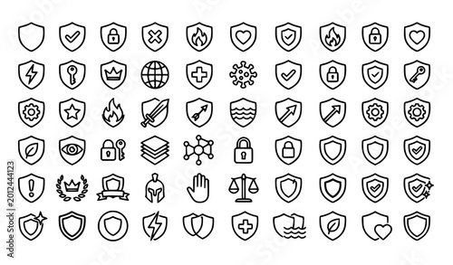 Quadro su tela Shield and protection vector icon set – 42 thin line outline icons for security,