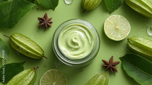 Refreshing lime-infused natural cream — luxurious skincare with citrus essence, surrounded by fresh lime slices and aromatic star anise
