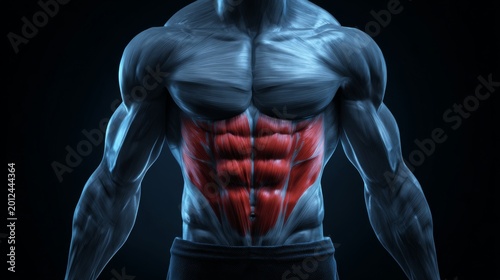  Detailed 3D anatomy of abdominal muscles — vivid illustration of core musculature for fitness, medical, and educational purposes