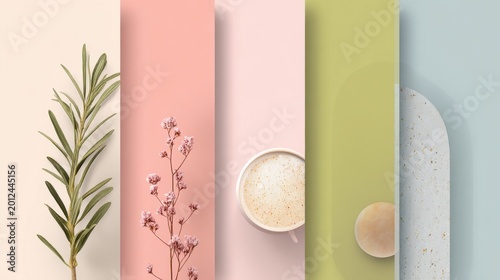 Pastel Minimalism: Botanical Elements, Coffee Cup and Ceramic Plate on Soft Color Panels — Spring Aesthetic Composition