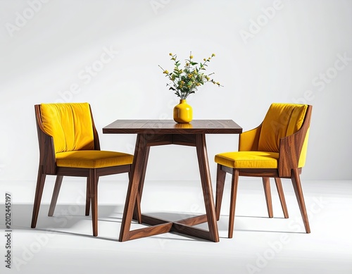 Two yellow upholstered chairs flank a wooden table with a vase of flowers