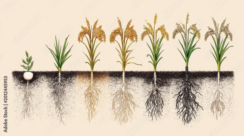 Fototapeta premium Rice Plant Growth Stages: Detailed Illustration of Root Development from Seed to Harvest