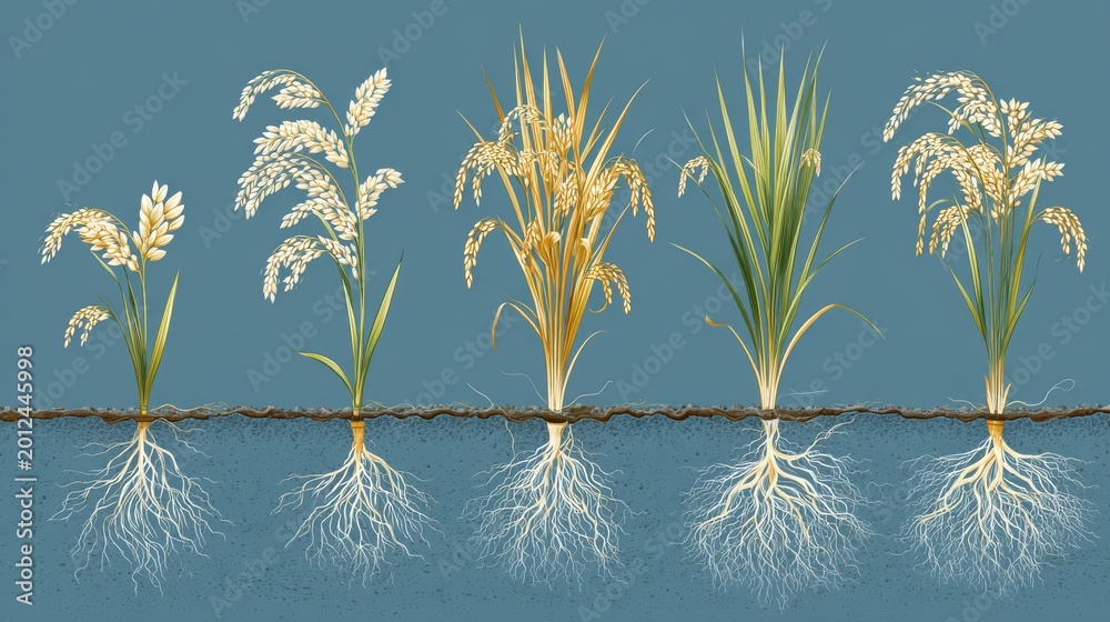 Fototapeta premium Rice Plant Growth Stages: Detailed Illustration of Root Development from Seed to Harvest