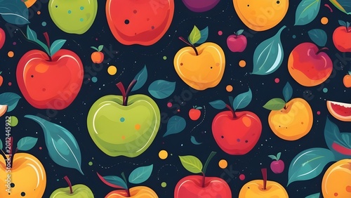 Vibrant vector illustration of colorful apples, leaves, and dots on a dark background. Perfect for autumn designs, food backgrounds, and wallpapers.