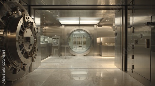 Secure bank vault interior featuring a robust metal door, safety deposit boxes visible through a round glass partition, and highly polished surfaces reflecting ambient light