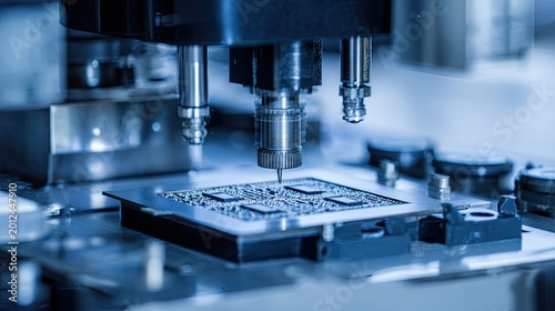 Industrial robot arm assembling microchips and circuit boards with precise, high tech automation in a futuristic factory, highlighting advanced electronics manufacturing and engineering