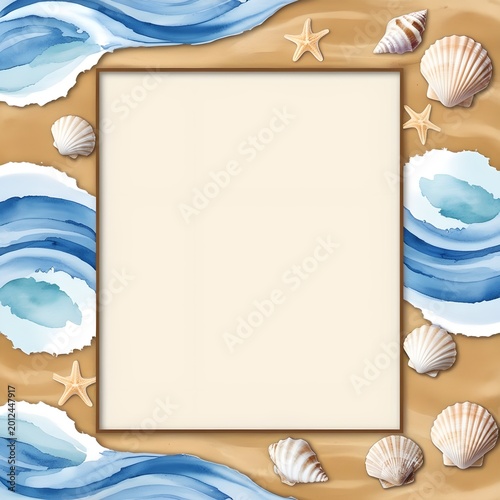 Watercolor Beach Border with Seashells Waves and Coastal Wedding Elegance