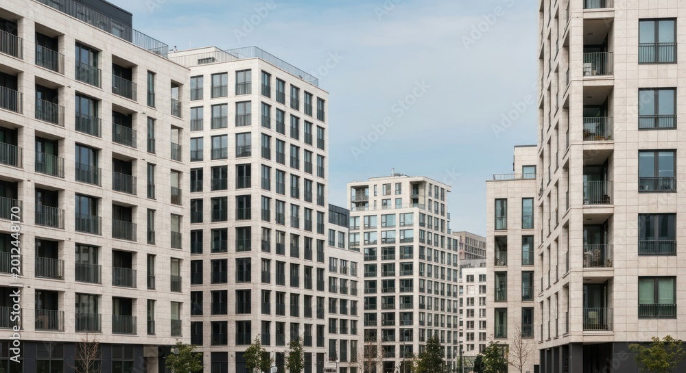 Naklejka premium Modern apartment buildings with a clean design, set against a cloudy sky