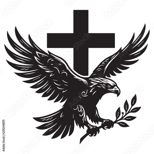 Stylized black eagle with olive branch in talons in front of large black cross silhouette illustration