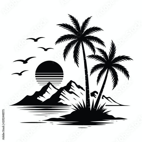 Minimal tropical island silhouette with palm trees, mountains, sun, and birds black-and-white digital artwork