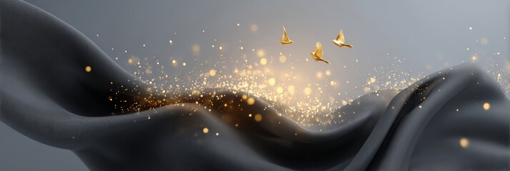 Dark draped fabric with gold sparkles and flying birds for juneteenth festive background and elegant banner design