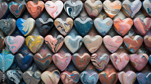 Colorful heart-shaped objects with swirling patterns.