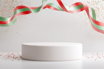 Minimal empty podium scene with floating red and green ribbons and confetti for juneteenth campaign product display banner and poster background