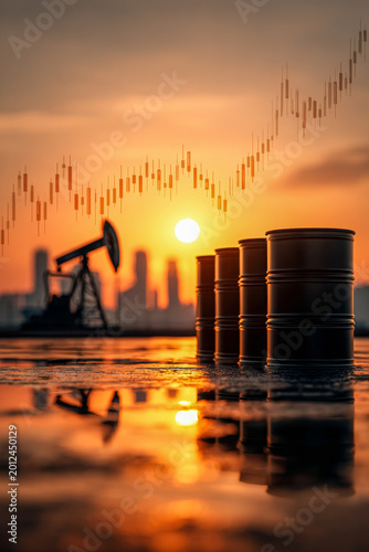 Oil barrels stand near a pumpjack silhouette with a stock market chart overlay at sunset, representing crude oil extraction and energy market analysis